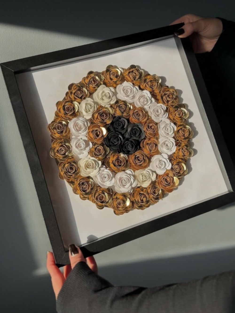 Evil Eye Framed Rose Wall Art - Black, White & Gold Floral Mandala